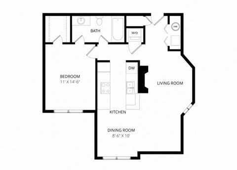 Floor plan for 1 bed, 1 bath, 792 sqft